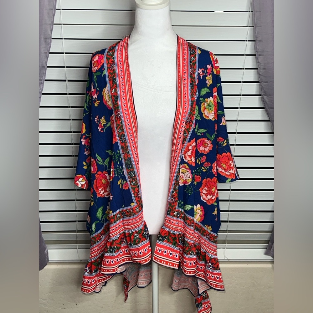 Umgee Navy Floral Open Front Kimono Cardigan with Red Trim
